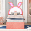 Twin Size Upholstered Platform Bed with Trundle and 3 Drawers, Rabbit-Shaped Headboard with Embedded LED Lights, Pink