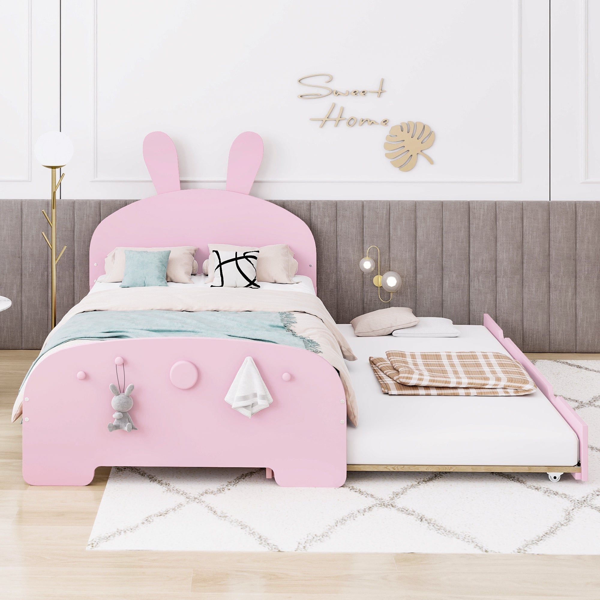 Wood Twin Size Platform Bed with Cartoon Ears Shaped Headboard and Trundle, Pink - Atlantic Fine Furniture Melbourne FL