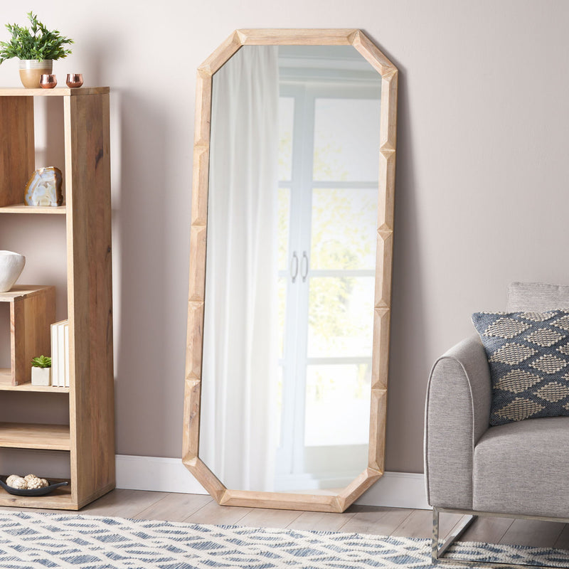 Elegant Wood Block Carved Leaner Mirror - White