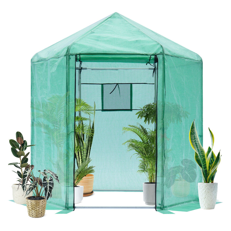 Walk-in Greenhouse Hexagonal Upgrade Reinforced Frame Heavy Duty Plastic Greenhouse Reinforced Thickened Waterproof Insulation (6.9*7.5 ft) - Green