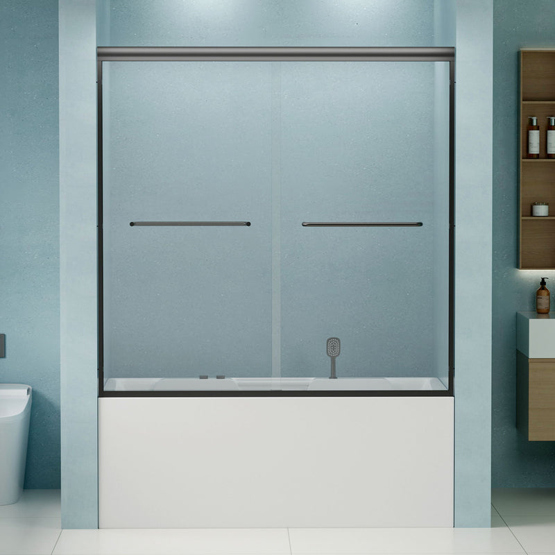 Double Sliding Bathtub Shower Door, Semi Frameless Bypass, 1 / 4" (6Mm) With Explosion - Proof Film, Adjustable Aluminum Alloy Frame