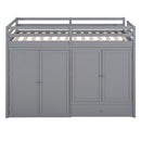 Twin size Loft Bed with Drawer, Two Wardrobes and Mirror, Gray