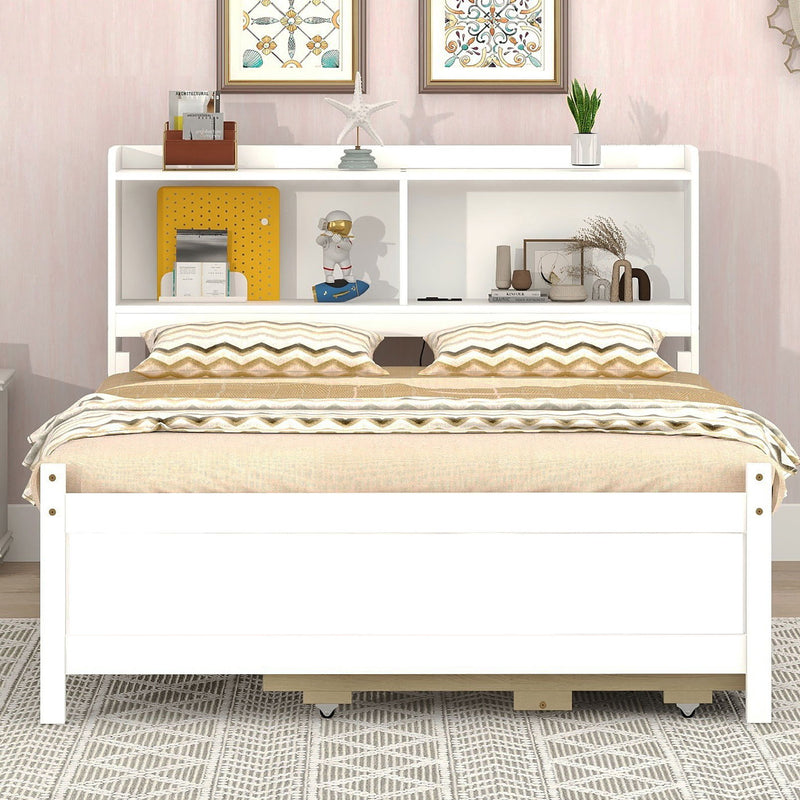 Bed With USB & Type-C Ports, LED Light, Bookcase Headboard, Trundle And 3 Storage Drawers, Bed With Bookcase Headboard, Trundle And Storage Drawers