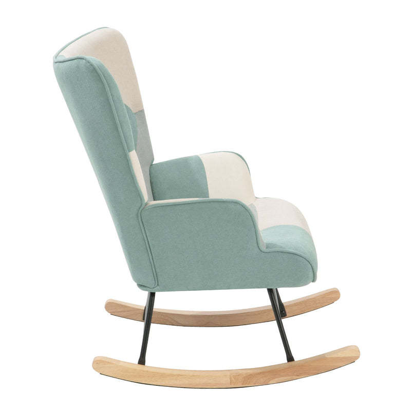 Accent Rocking Chair, Mid-Century Fabric Rocker Chair With Wood Legs And Patchwork Linen For Livingroom Bedroom