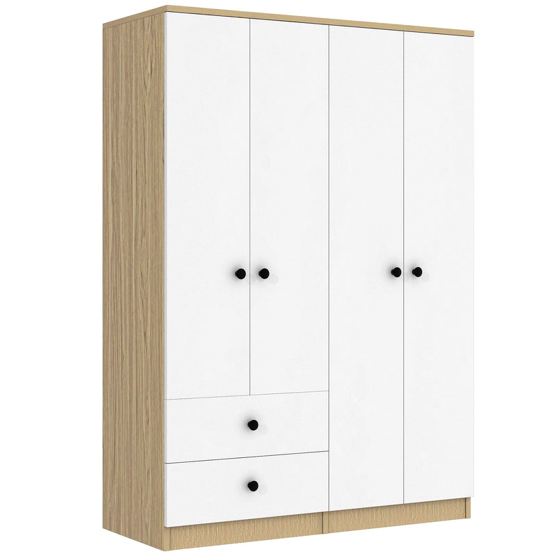 4 Door Wardrobe Closet With Drawers, Shelf, And Hanging Rod - White / Natural