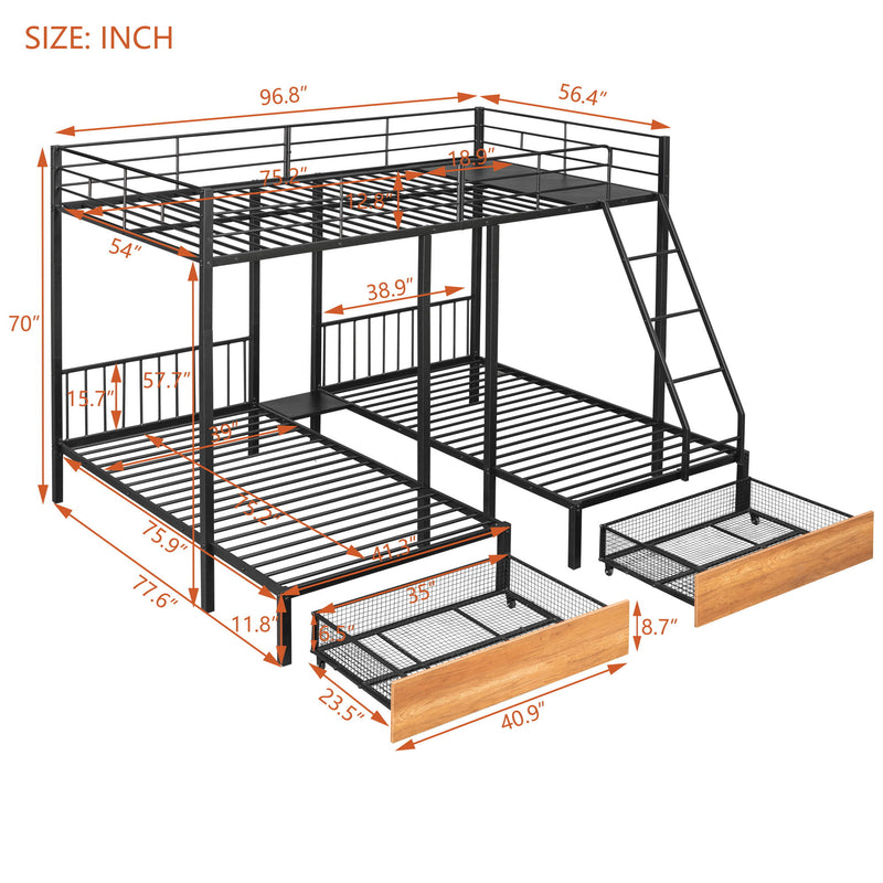 Bunk Bed, Metal Triple Bunk Bed With Drawers And Guardrails