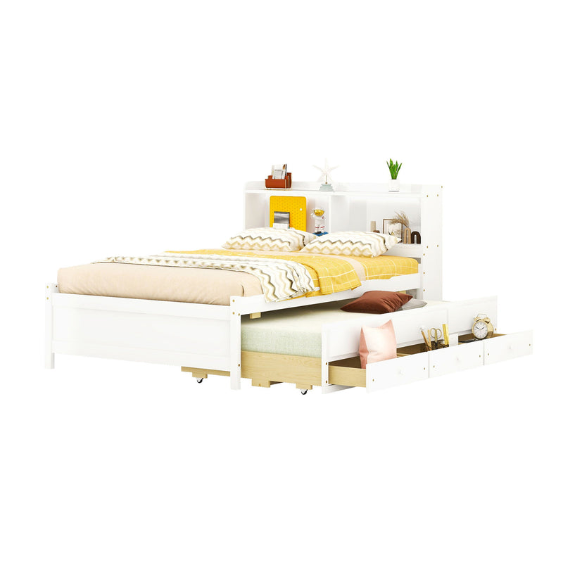 Bed With USB & Type-C Ports, LED Light, Bookcase Headboard, Trundle And 3 Storage Drawers, Bed With Bookcase Headboard, Trundle And Storage Drawers