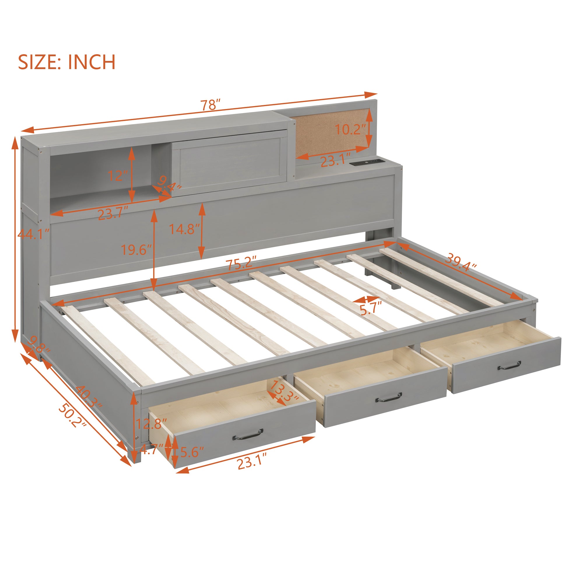 Twin Size Wooden Daybed with 3 Storage Drawers, Upper Soft Board, shelf, and a set of Sockets and USB Ports, Gray - Atlantic Fine Furniture Melbourne FL