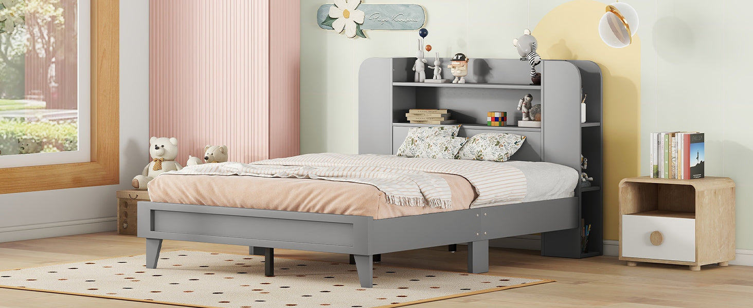 Full Size Platform Bed with Storage Headboard,Multiple Storage Shelves on Both Sides,Grey - Atlantic Fine Furniture Melbourne FL