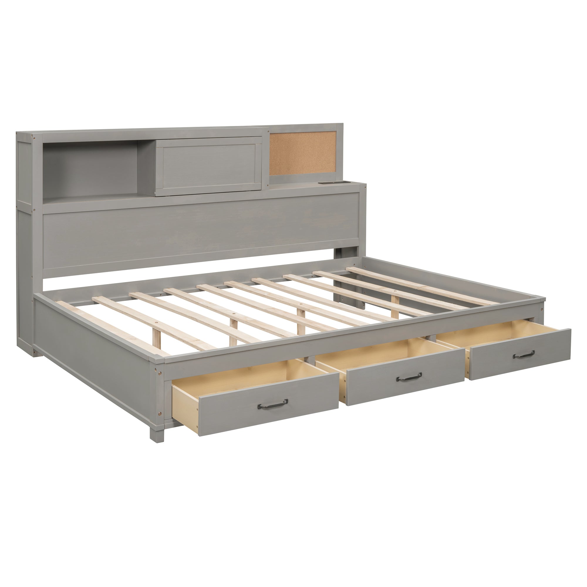 Full Size Wooden Daybed with 3 Storage Drawers, Upper Soft Board, shelf, and a set of Sockets and USB Ports, Gray - Atlantic Fine Furniture Melbourne FL