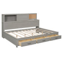 Full Size Wooden Daybed with 3 Storage Drawers, Upper Soft Board, shelf, and a set of Sockets and USB Ports, Gray
