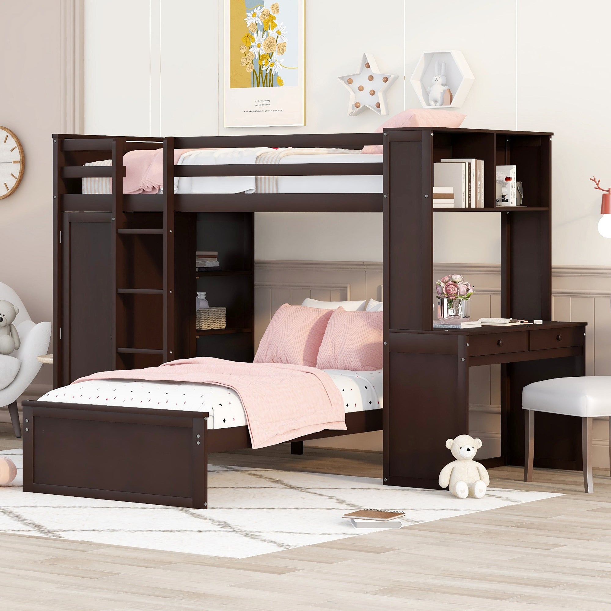 Twin size Loft Bed with a Stand-alone bed, Shelves,Desk,and Wardrobe-Espresso - Atlantic Fine Furniture Melbourne FL