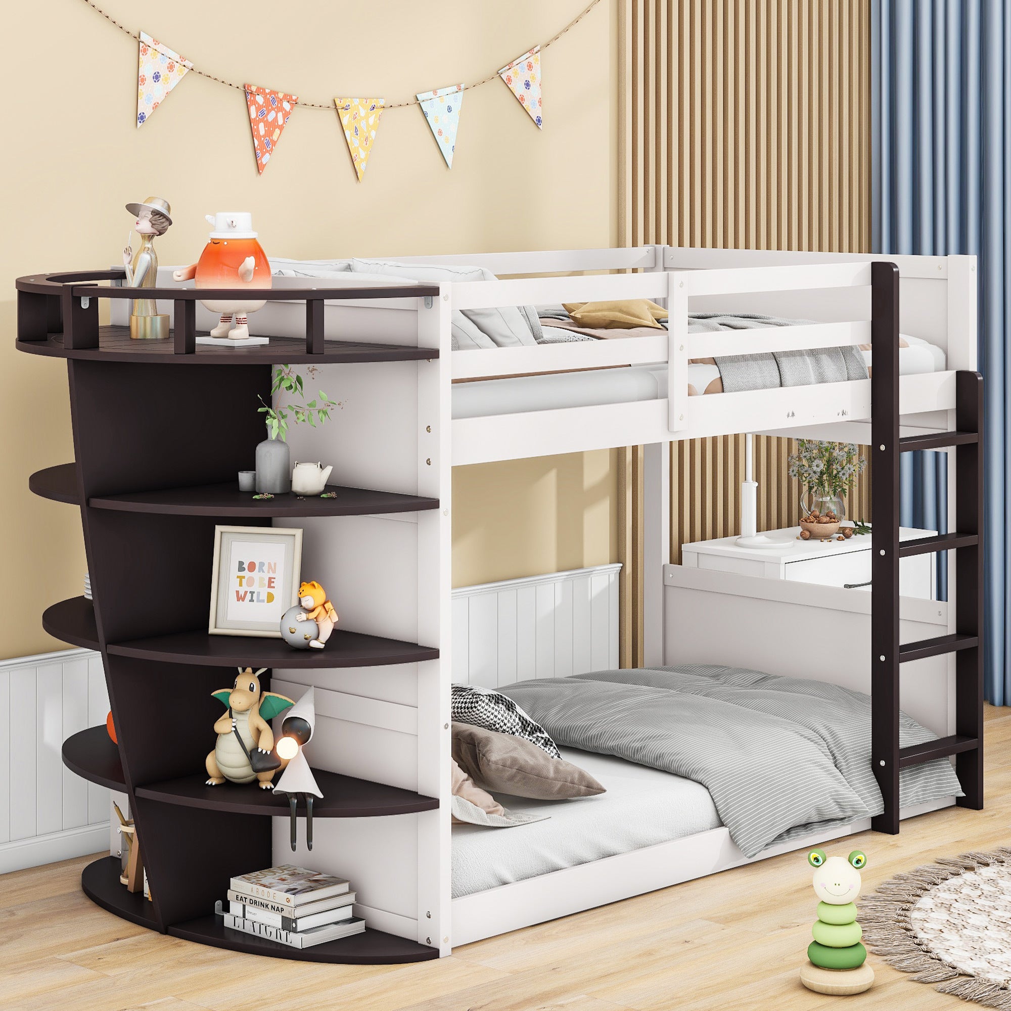 Twin over Twin Boat-Like Shape Bunk Bed with Storage Shelves, Cream+Espresso - Atlantic Fine Furniture Melbourne FL