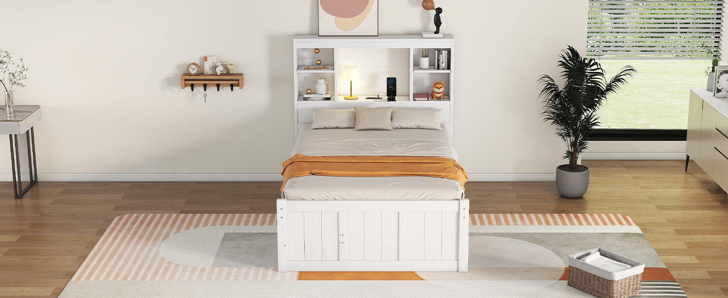 Twin Size Platform Bed with Storage Headboard, Charging Station, Twin Size Trundle and 3 Drawers, Antique White - Atlantic Fine Furniture Melbourne FL