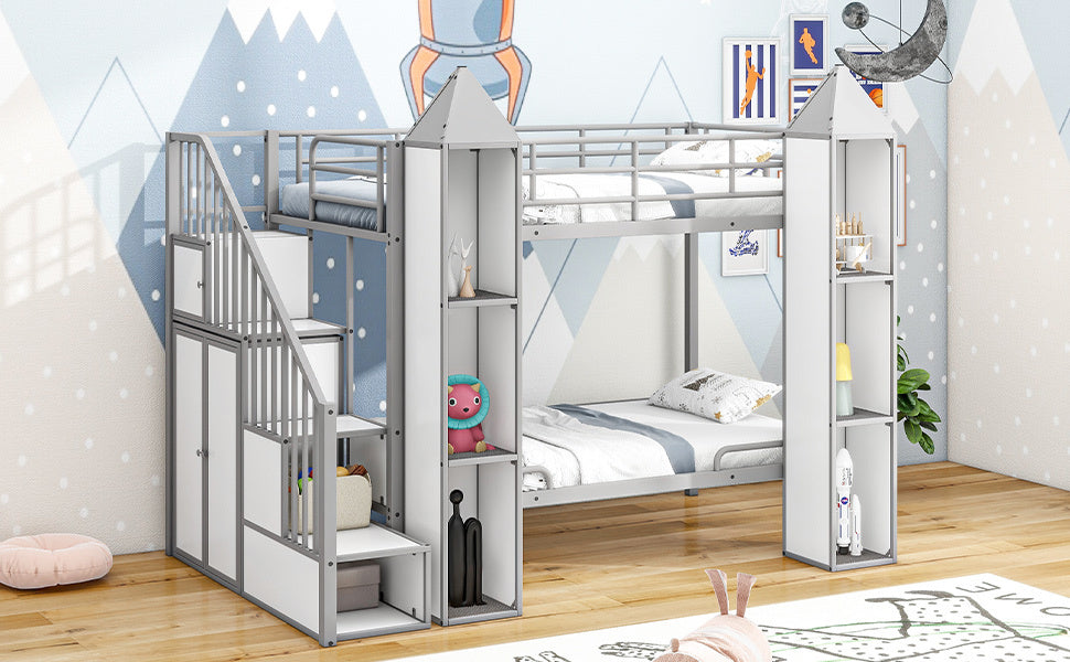 Metal Twin over Twin Castle-shaped Bunk Bed with Wardrobe and Multiple Storage, Gray+White - Atlantic Fine Furniture Melbourne FL