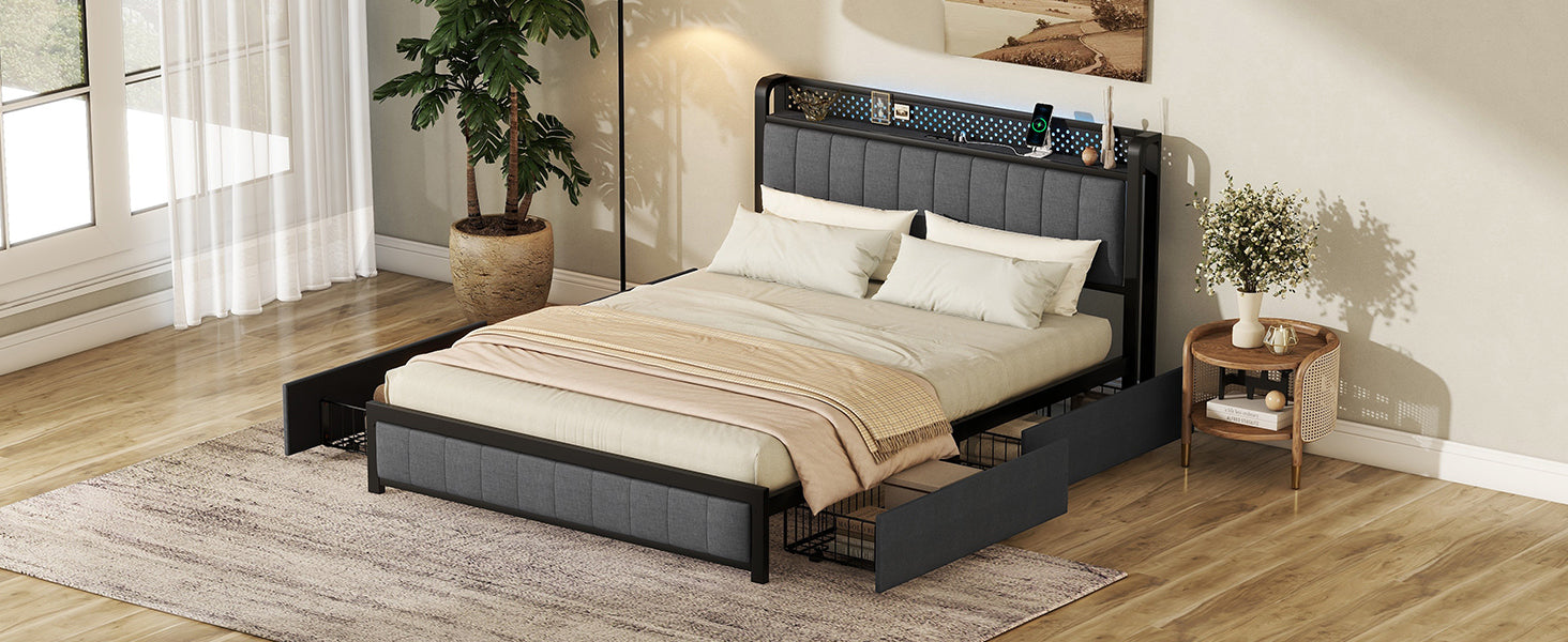 Queen Bed Frame with LED Headboard, Upholstered Bed with 4 Storage Drawers and USB Ports, Dark Grey - Atlantic Fine Furniture Melbourne FL