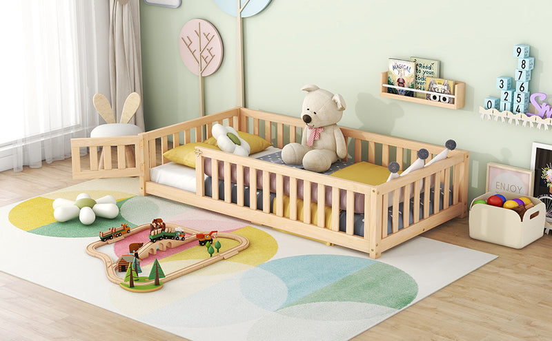 Twin Size Bed Floor Bed with Safety Guardrails and Door for Kids, Natural