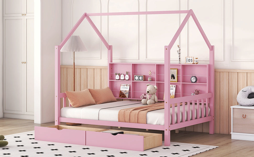 Wooden Full Size House Bed with 2 Drawers,Kids Bed with Storage Shelf, Pink - Atlantic Fine Furniture Melbourne FL