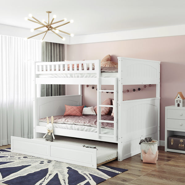 Full Over Full Bunk Bed with Twin Size Trundle, Pine Wood Bunk Bed with Guardrails, White (Old SKU:LP000044AAK)