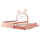 Full Size Upholstered Platform Bed with Trundle and 3 Drawers, Rabbit-Shaped Headboard with Embedded LED Lights, Pink