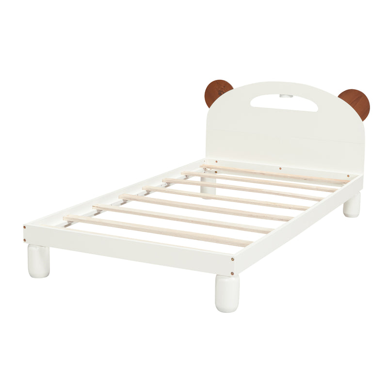 Twin Size Platform Bed with Bear Ears Shaped Headboard and LED, Cream White