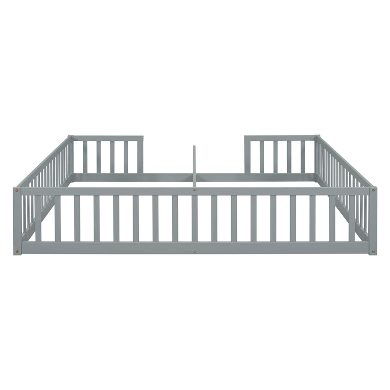 Double Twin Floor Bed with Fence, Guardrails, without door, Grey