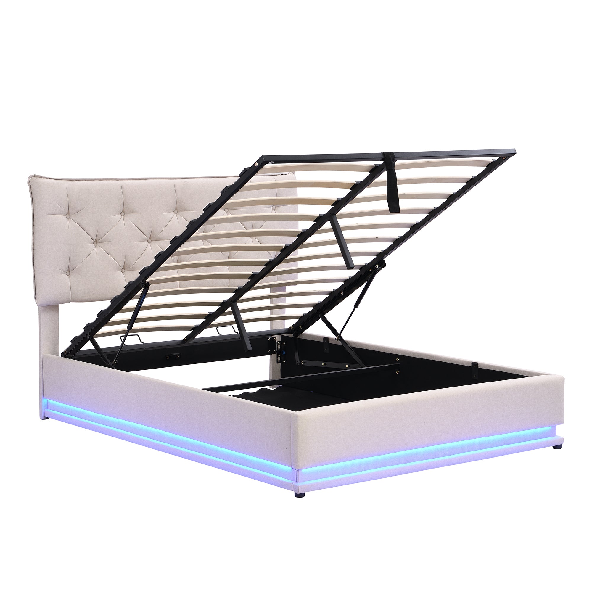 Full Size Upholstered Bed with Hydraulic Storage System and LED Light, Modern Platform Bed with Button-tufted Design Headboard, Beige - Atlantic Fine Furniture Melbourne FL