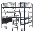 Full Size Loft Bed with 4 Layers of Shelves and L-shaped Desk, Stylish Metal Frame Bed with a set of Sockets, USB Ports and Wireless Charging, Black