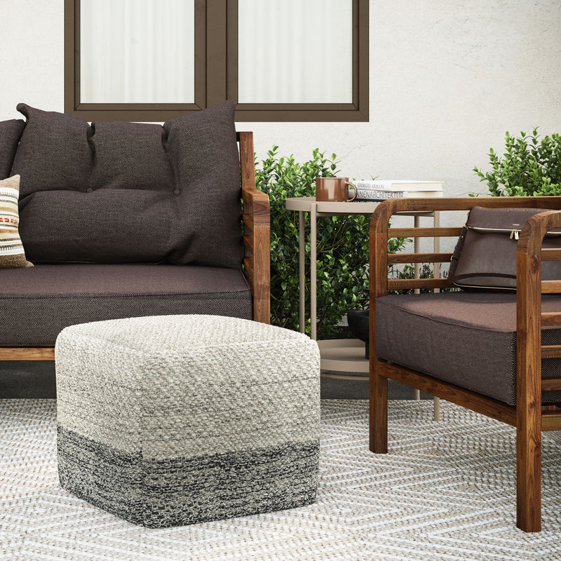 Macie - Square Woven Outdoor / Indoor Pouf - Gray / White