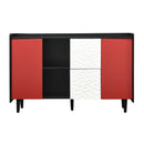 Modern Sideboard Buffet Cabinet With Red Doors And Unique Panel Styling