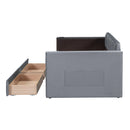 Twin Size Upholstered Daybed with Storage Armrest and 2 Drawers, Multi-functional Daybed with Cup Holder and a set of USB Ports and Sockets, Gray