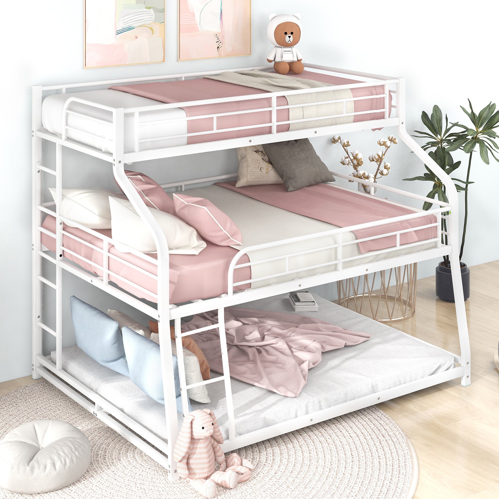 Twin XL/Full XL/Queen Triple Bunk Bed with Long and Short Ladder and Full-Length Guardrails,White - Atlantic Fine Furniture Melbourne FL