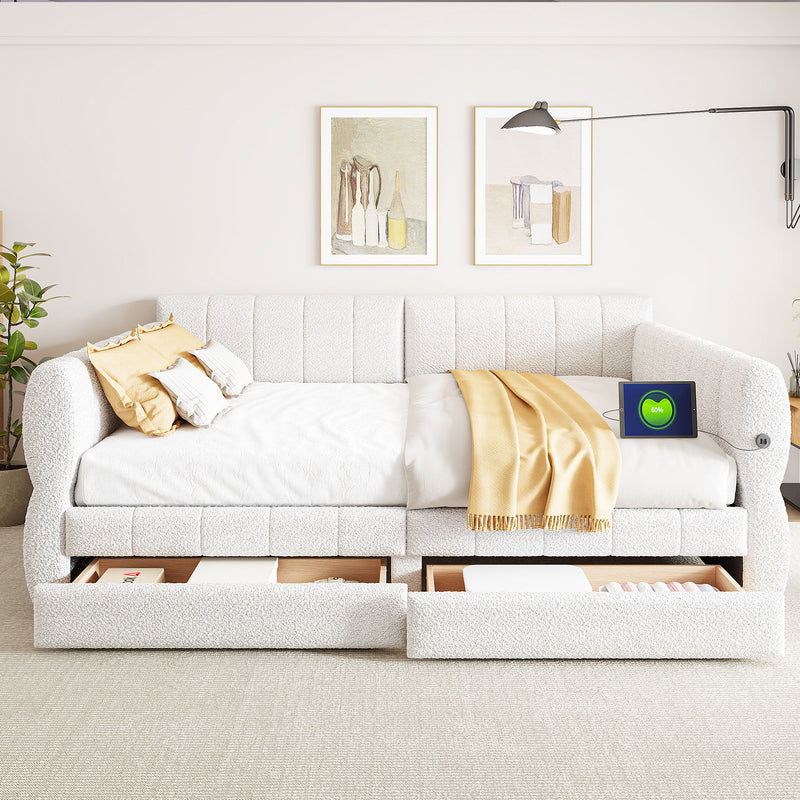 Upholstered Platform Bed With USB And 2 Drawers