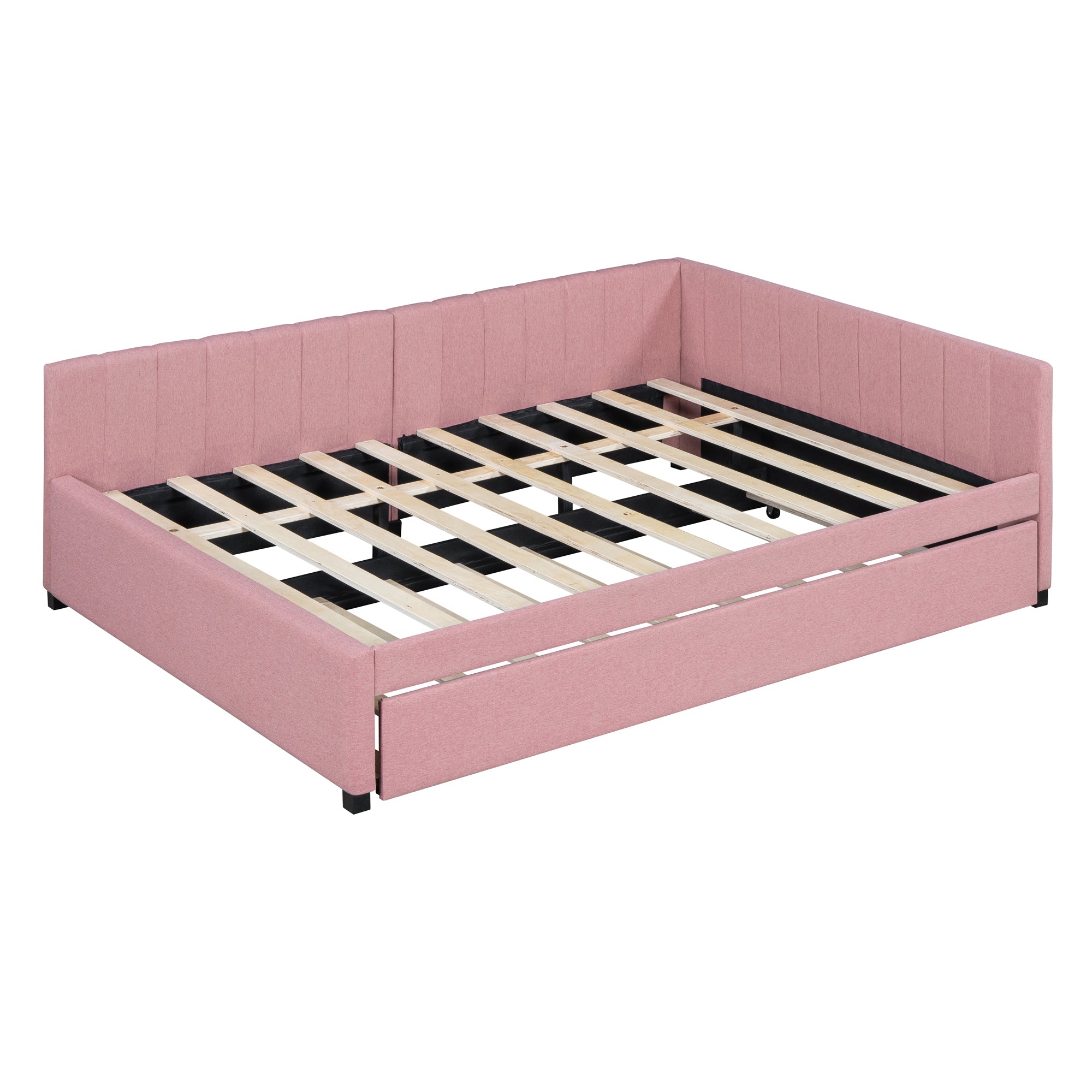 Full Size Upholstered Daybed with Trundle Sofa Bed Frame No Box Spring Needed, Linen Fabric(Pink) - Atlantic Fine Furniture Melbourne FL