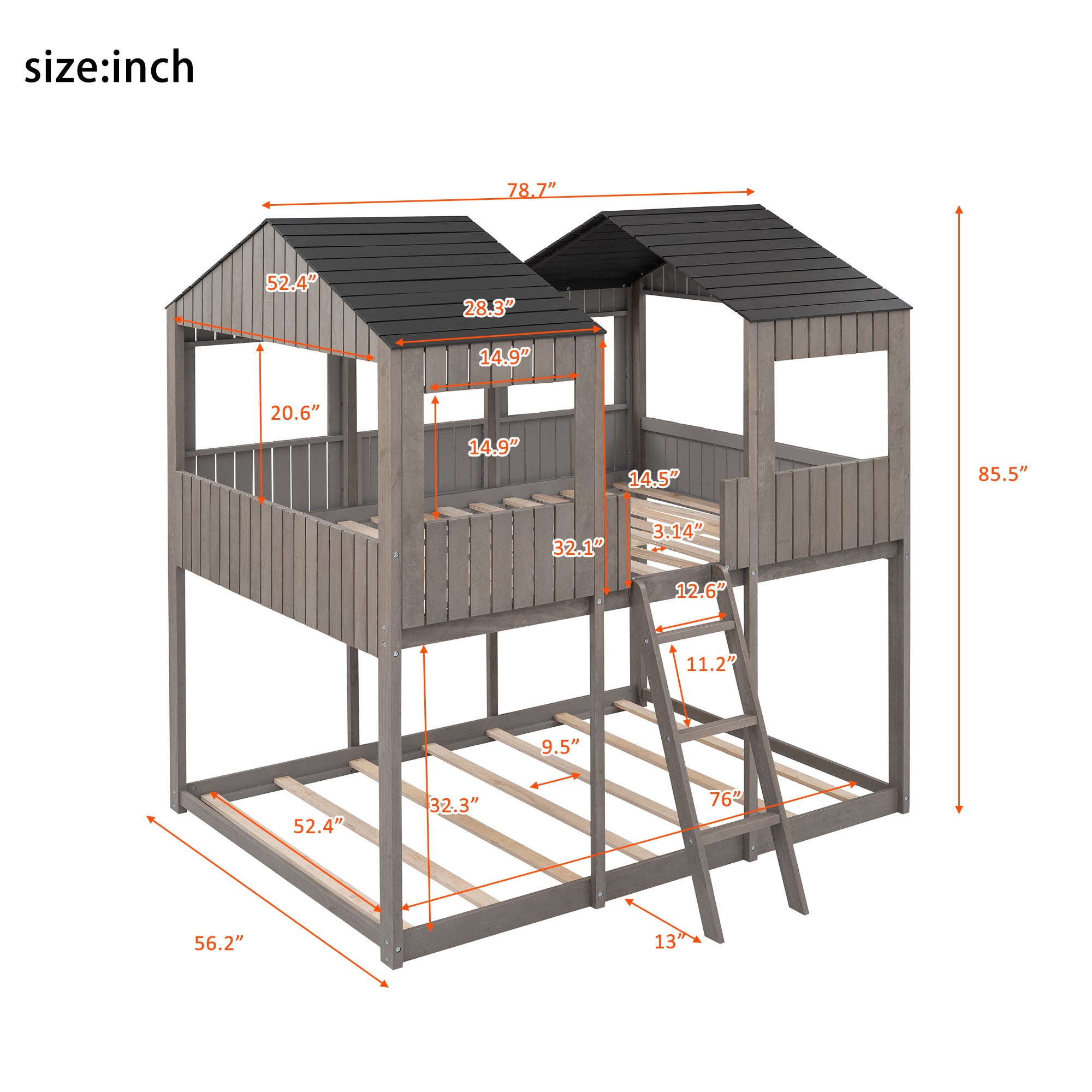 Full Over Full WoodBunk Bed with Roof, Window, Guardrail, Ladder(Antique Gray)( old sku: LT000031AAE ) - Atlantic Fine Furniture Melbourne FL
