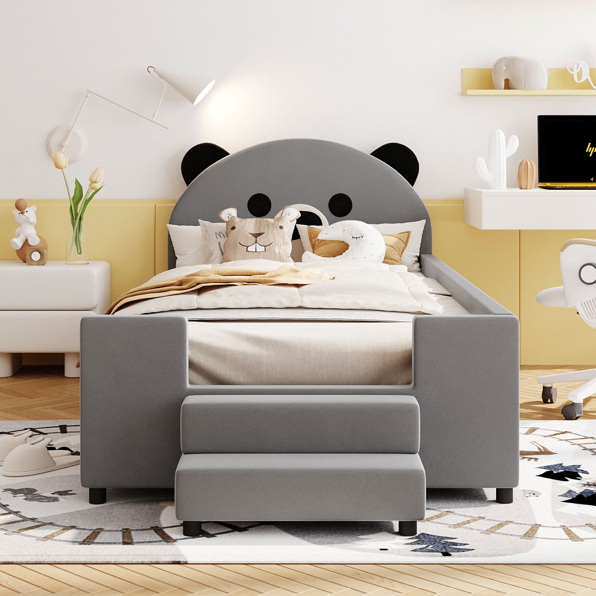 Twin Size Upholstered Daybed with Bear Shaped Headboard, Hydraulic System and Breathable Mesh Fence, Gray - Atlantic Fine Furniture Melbourne FL
