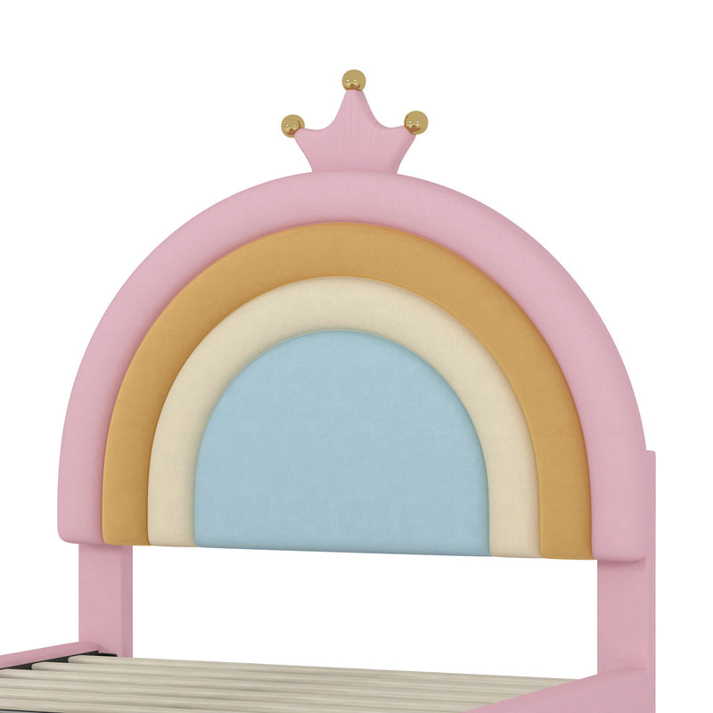 Upholstered Rainbow Design Bed, Velvet Princess Platform Bed With Storage Drawer