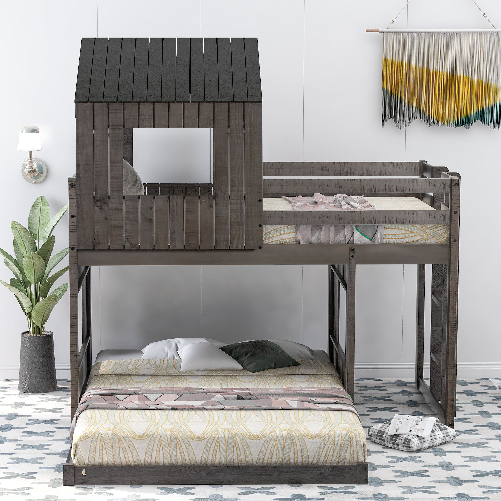 Wooden Twin Over Full Bunk Bed, Loft Bed with Playhouse, Farmhouse, Ladder and Guardrails , Antique Gray( old sku: LT000027AAE ) - Atlantic Fine Furniture Melbourne FL