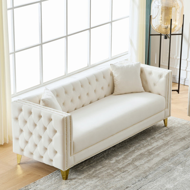3 And 3 Seater Deep Seat Sofa With Button Nailhead And Square Arm Design - Beige