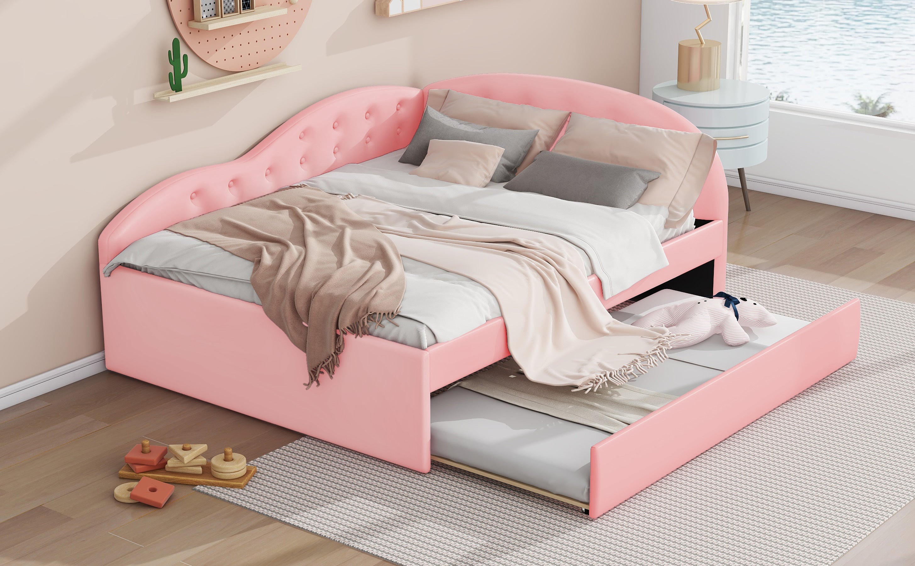 Full Size PU Upholstered Tufted Daybed with Trundle and Cloud Shaped Guardrail, Pink - Atlantic Fine Furniture Melbourne FL