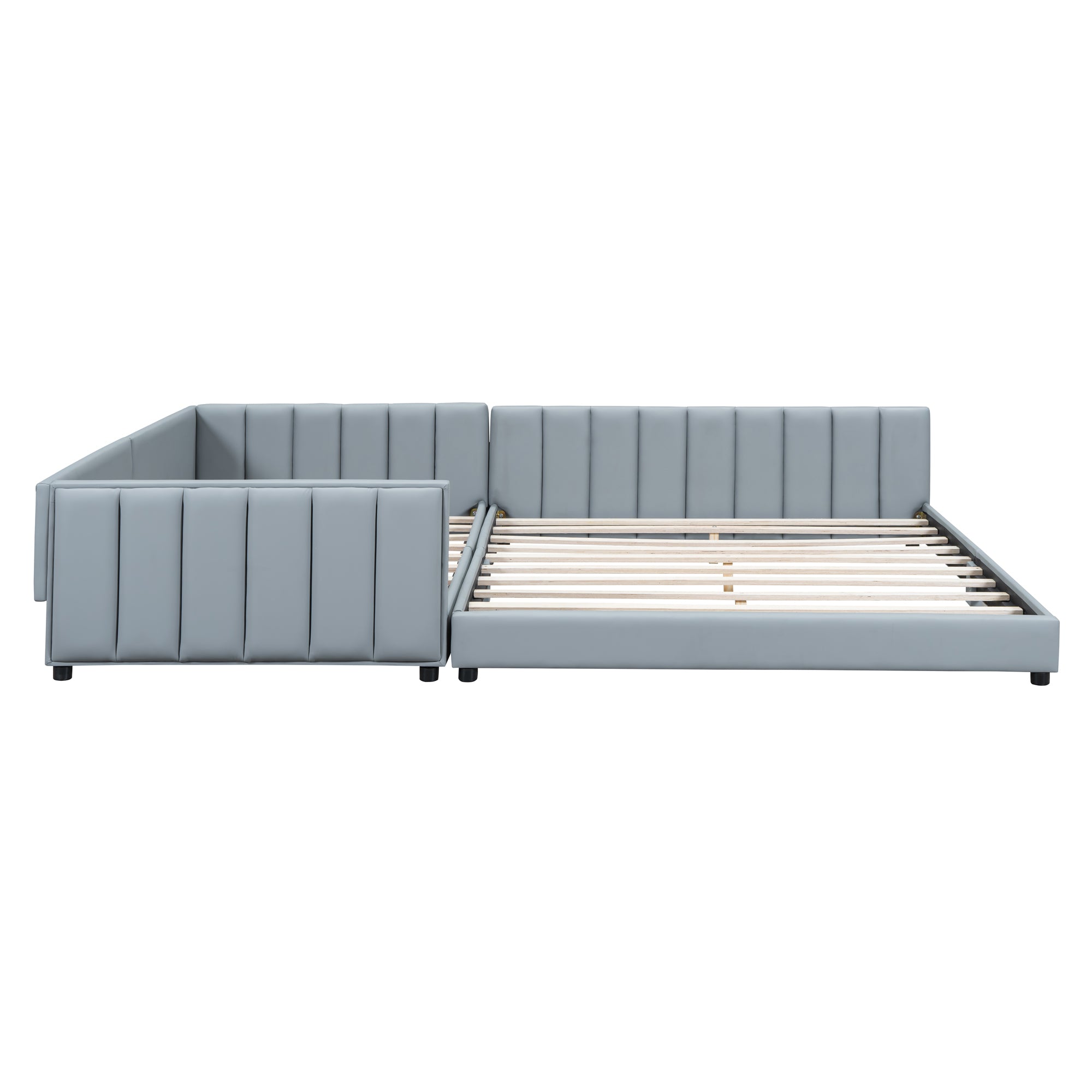 Queen Size & Twin XL Size Upholstered Platform Bed, Mother & Child Bed, PU Leather, Gray - Atlantic Fine Furniture Melbourne FL