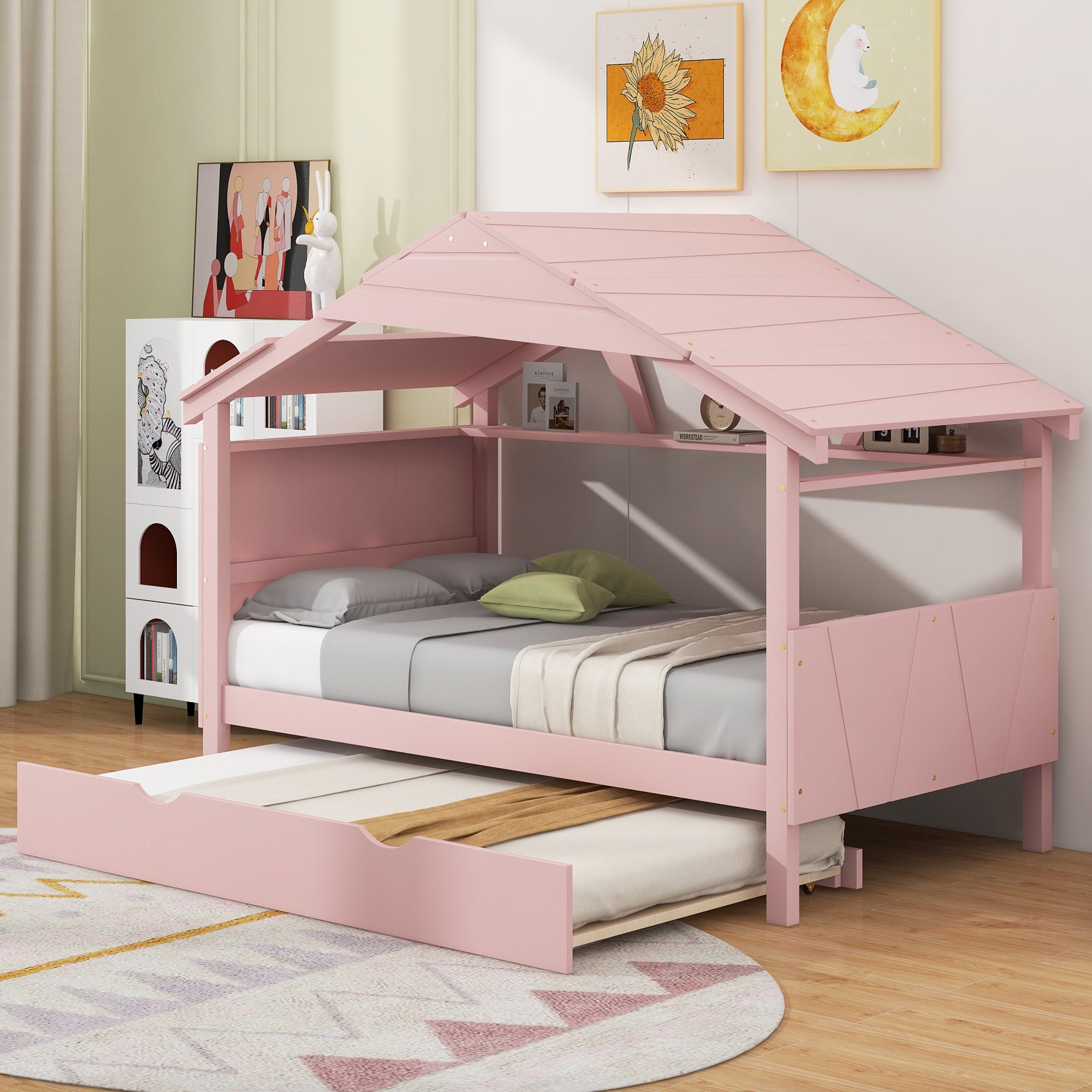 Wood Twin Size House Bed with Trundle and Storage, Pink - Atlantic Fine Furniture Melbourne FL