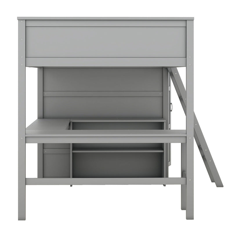 Full Size Loft Bed With Desk, Shelves And Wardrobe - Gray