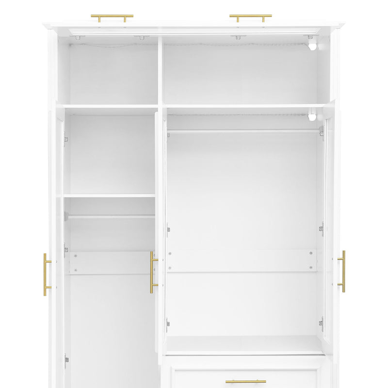 3 Door Wardrobe Armoire With LED Lighting And 3 Drawers - White