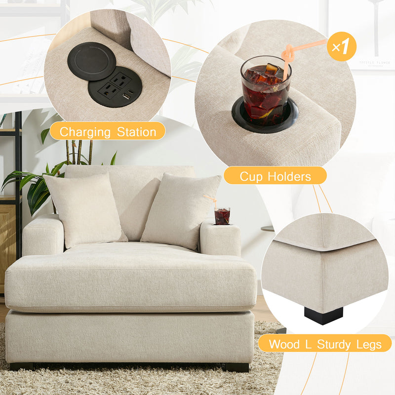 Oversized Chaise Lounger Modern Style Sofa Couch, With Pillows, Charge Station & Cup Holders