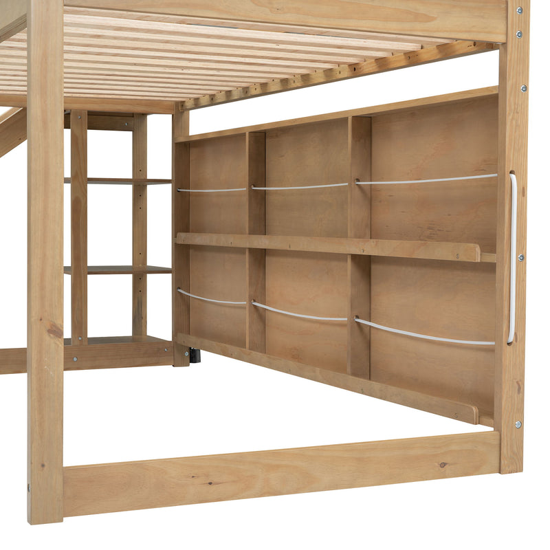 House Loft Bed With Slide, Storage Shelves And Light, Climbing Ramp