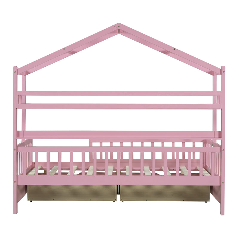 Wooden Twin Size House Bed with 2 Drawers,Kids Bed with Storage Shelf, Pink