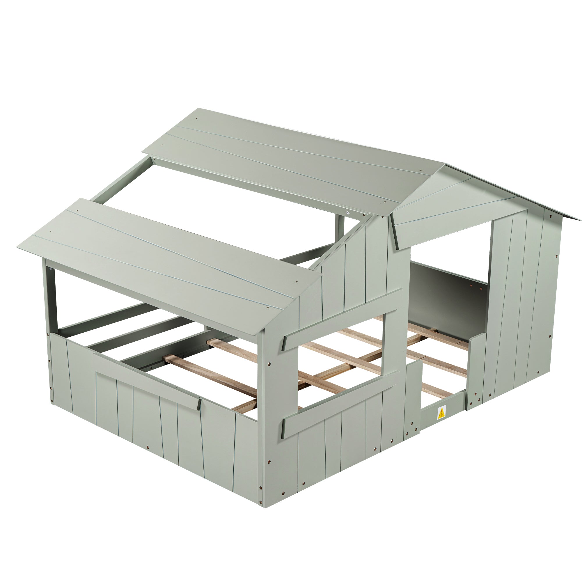 Wood Full Size House Bed with Roof, Window and Guardrail, Light Green - Atlantic Fine Furniture Melbourne FL
