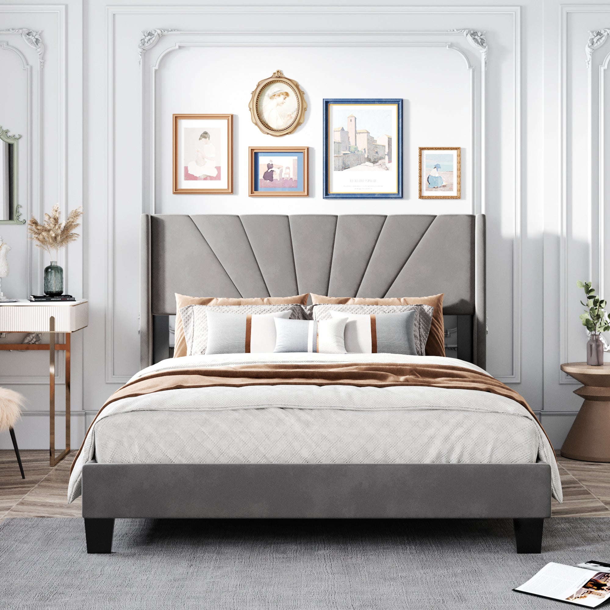 Queen Size Velvet Upholstered Platform Bed, Box Spring Needed - Gray - Atlantic Fine Furniture Melbourne FL