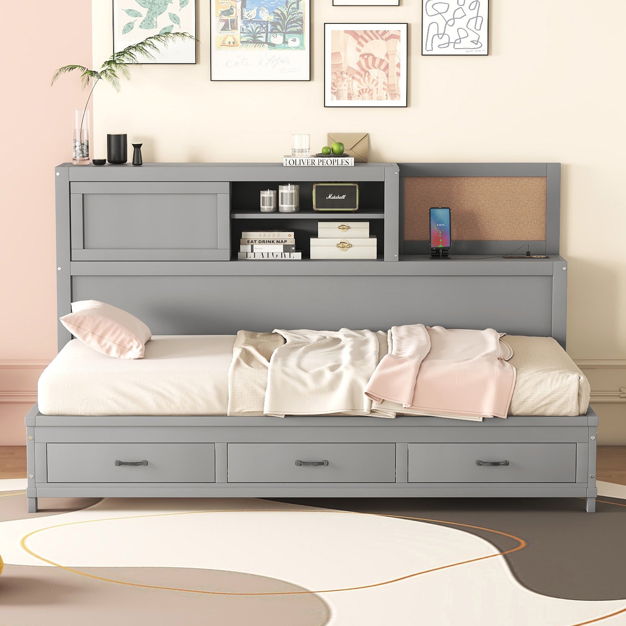 Twin Size Wooden Daybed with 3 Storage Drawers, Upper Soft Board, shelf, and a set of Sockets and USB Ports, Gray - Atlantic Fine Furniture Melbourne FL